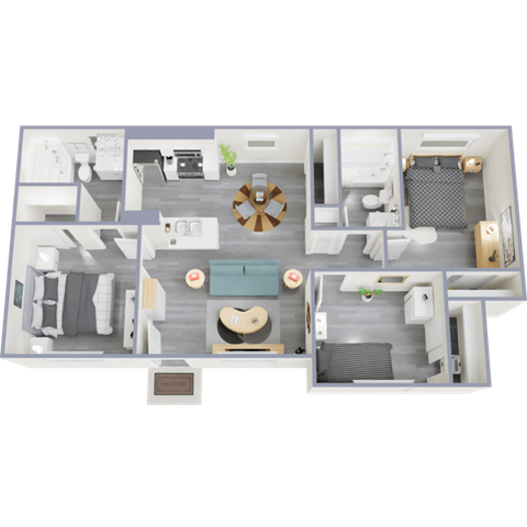 a 3d floor plan of a 3 bedroom apartment